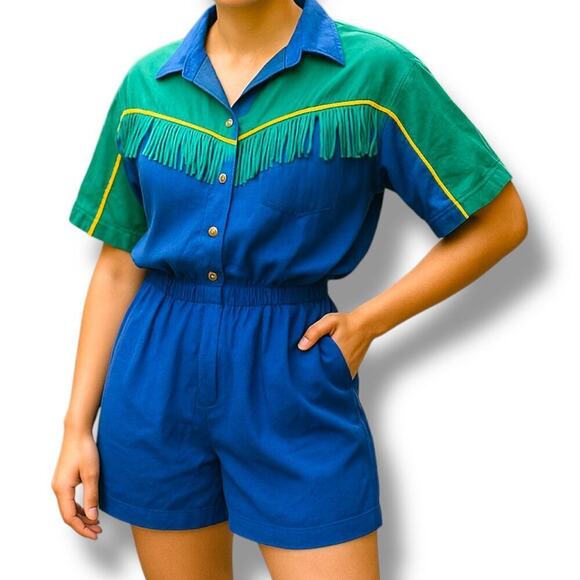 Vintage C.A. Sport Color Block Western Style Romper with Fringe Size Large - NWT - Picture 3 of 16